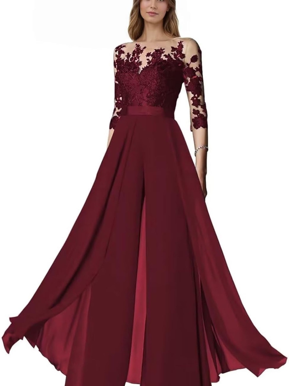 Elegant Burgundy Lace Bodice A-Line Evening Dress
